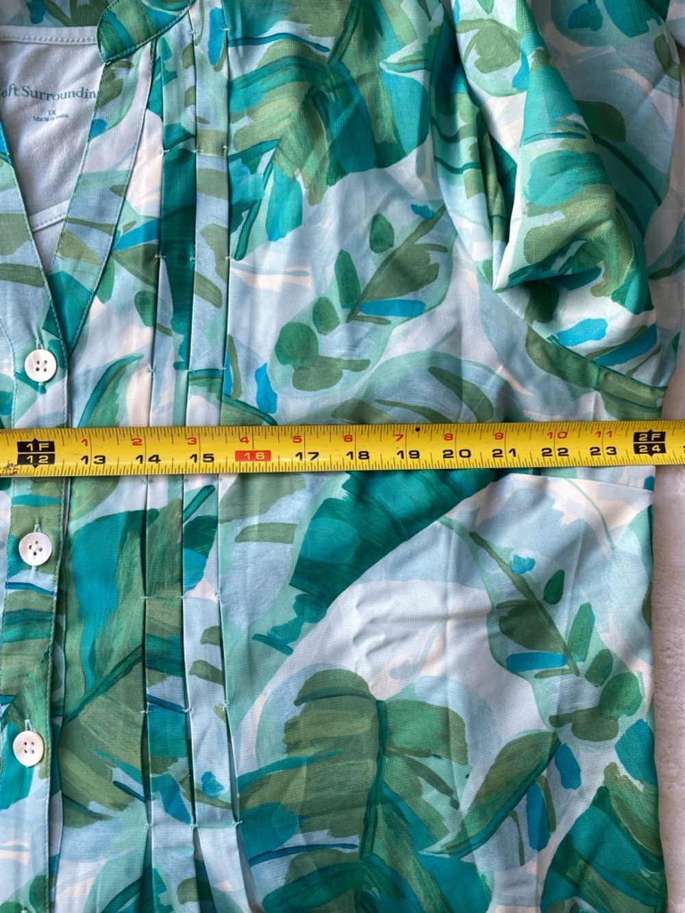 Soft Surroundings Tropical Palm Pintuck Blouse with Cami Size 1X Teal Green - Picture 4 of 12
